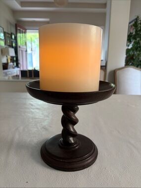 Pottery Barn Flameless Wax LED Pillar Candles and Twisted Wood Pedestal